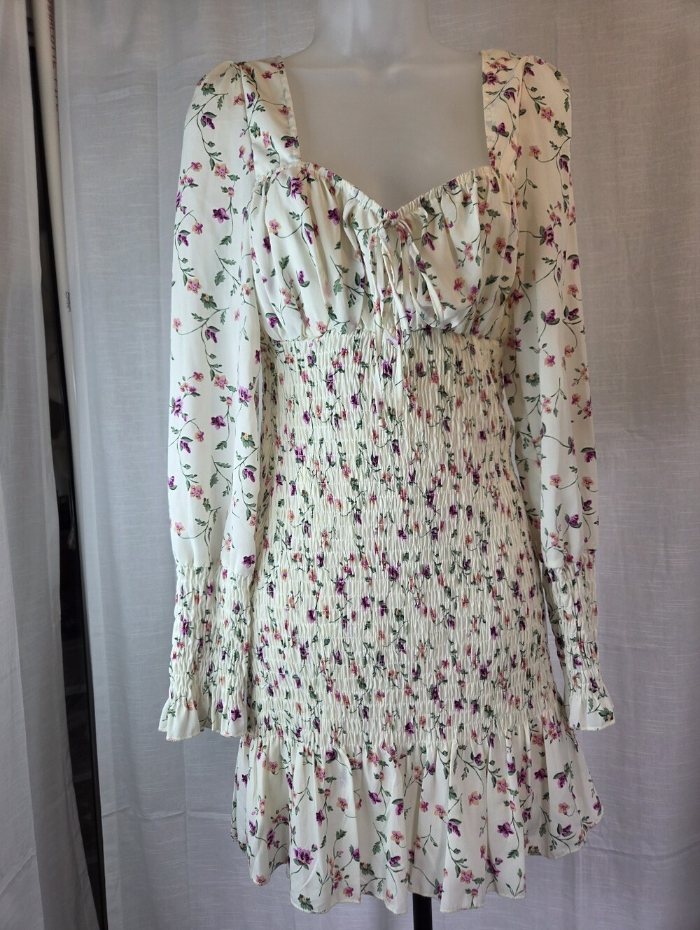 Missguided Cream Floral Long Sleeve Smocked Mini Dress with Pink & Green Print